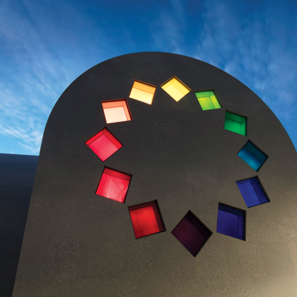 The east facade of Ellsworth Kelly's Austin at sunset.